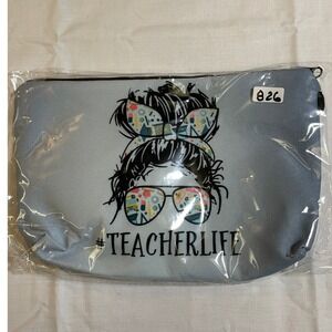 The Pouch Cosmetic Bag Women Small Blue NEW #TeacherLife Messy Bun Graphic